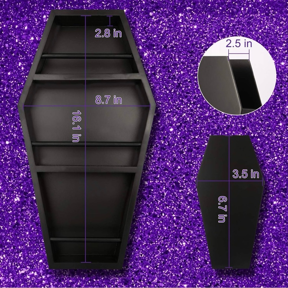 2 Piece Black Coffin Wall Shelf and Brush Holder